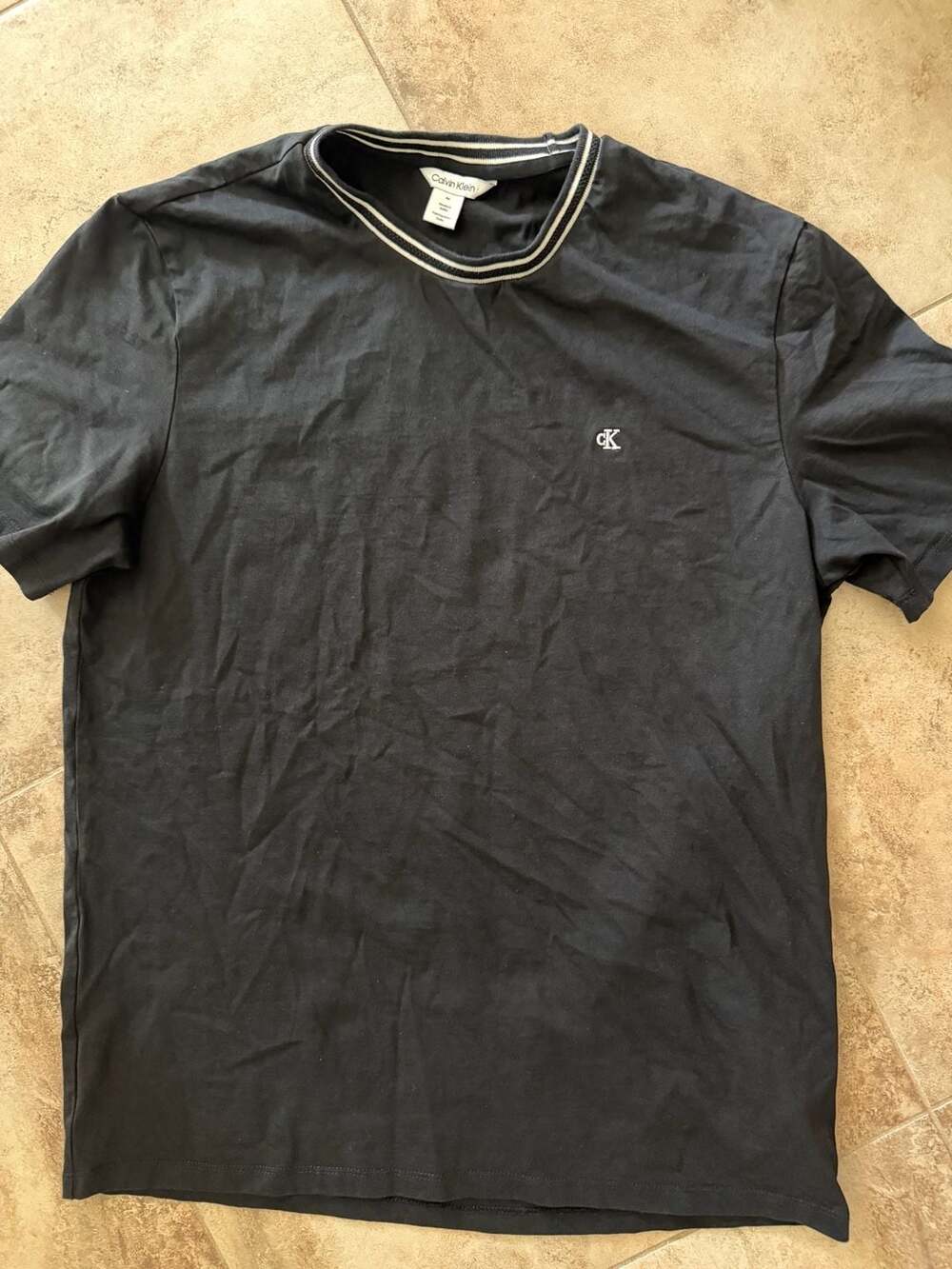 Calvin Klein Men's Black T-Shirt with Striped Ribbed Collar and cK Logo Embroide